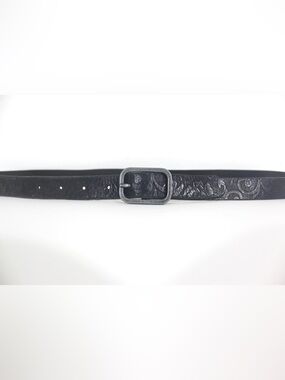 Floral Embossed Black Leather Belt with Silver Buckle Narrow Skinny
